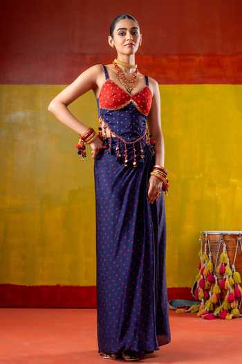 Shop_Baise Gaba_Blue Organza, Satin Beads, Jhumki Jhalak Jhankar Printed Skirt Saree With Corset _Online_at_Aza_Fashions