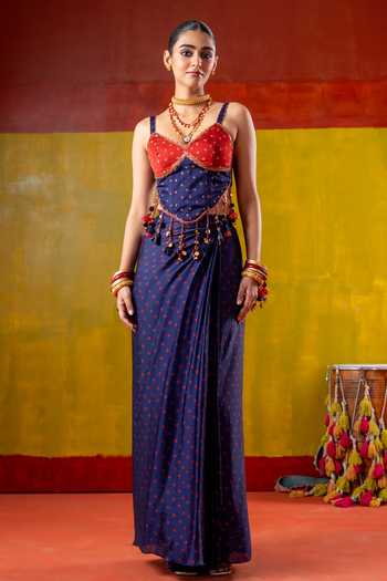 Buy_Baise Gaba_Blue Organza, Satin Beads, Jhumki Jhalak Jhankar Printed Skirt Saree With Corset 