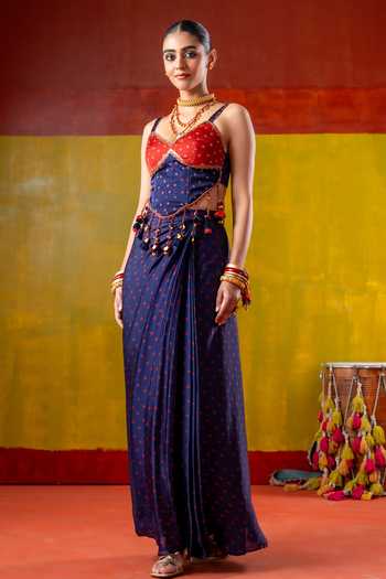 Shop_Baise Gaba_Blue Organza, Satin Beads, Jhumki Jhalak Jhankar Printed Skirt Saree With Corset 