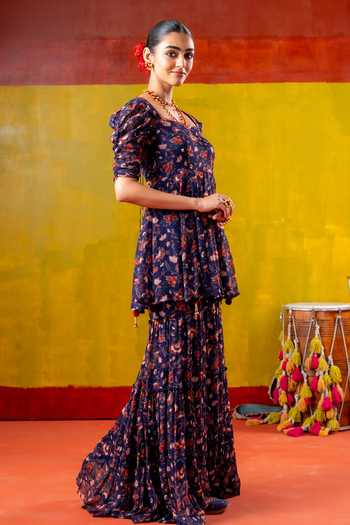 Buy_Baise Gaba_Blue Chiffon Embroidery Sweetheart Neck, Dholira Printed Kurta And Gharara Set _Online_at_Aza_Fashions