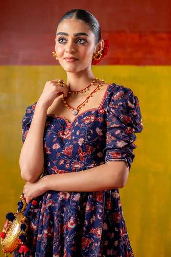 Shop_Baise Gaba_Blue Chiffon Embroidery Sweetheart Neck, Dholira Printed Kurta And Gharara Set _Online_at_Aza_Fashions