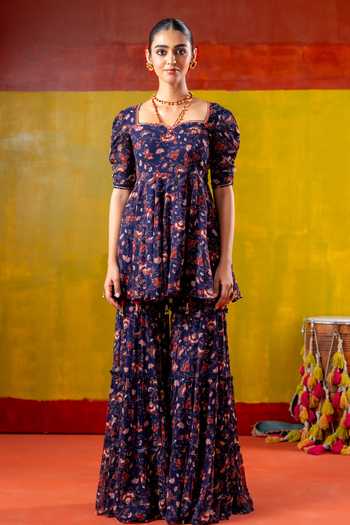 Baise Gaba_Blue Chiffon Embroidery Sweetheart Neck, Dholira Printed Kurta And Gharara Set _at_Aza_Fashions