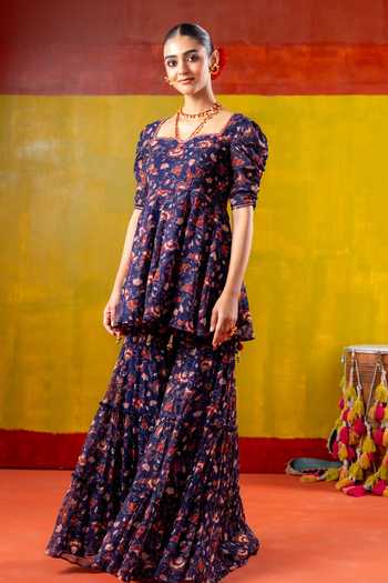 Buy_Baise Gaba_Blue Chiffon Embroidery Sweetheart Neck, Dholira Printed Kurta And Gharara Set 