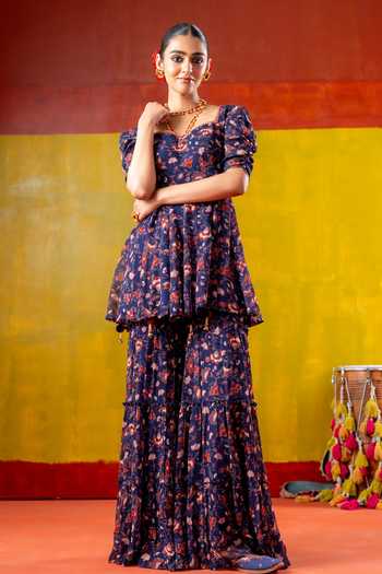 Shop_Baise Gaba_Blue Chiffon Embroidery Sweetheart Neck, Dholira Printed Kurta And Gharara Set 