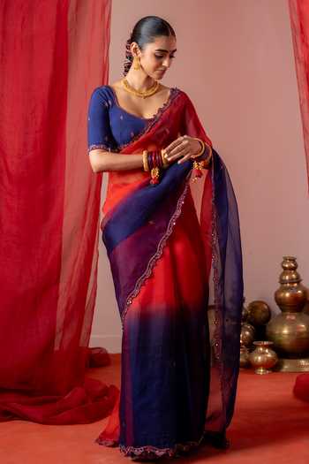 Shop_Baise Gaba_Blue Organza, Muslin Embroidery Rangoli Ombre Saree With Unstitched Blouse Piece _Online_at_Aza_Fashions