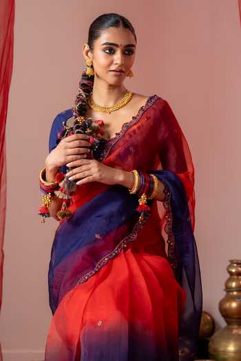 Baise Gaba_Blue Organza, Muslin Embroidery Rangoli Ombre Saree With Unstitched Blouse Piece _at_Aza_Fashions