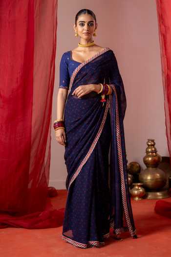 Shop_Baise Gaba_Blue Chiffon, Muslin Round Neelam Printed Saree With Unstitched Blouse Piece _Online_at_Aza_Fashions