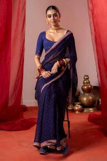 Baise Gaba_Blue Chiffon, Muslin Round Neelam Printed Saree With Unstitched Blouse Piece _at_Aza_Fashions