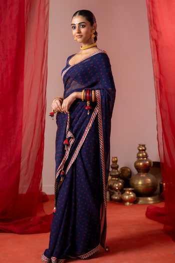 Buy_Baise Gaba_Blue Chiffon, Muslin Round Neelam Printed Saree With Unstitched Blouse Piece 