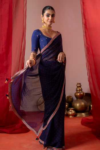 Shop_Baise Gaba_Blue Chiffon, Muslin Round Neelam Printed Saree With Unstitched Blouse Piece 