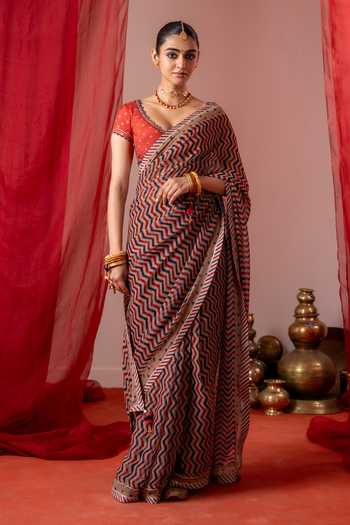 Shop_Baise Gaba_Blue Chiffon, Muslin V-neck Nupur Printed Saree With Unstitched Blouse Piece _Online_at_Aza_Fashions
