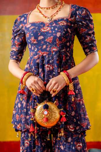 Baise Gaba_Gold Tassels, Mirrors, Pom-poms Rajsi Circular Shaped Bag _Online_at_Aza_Fashions