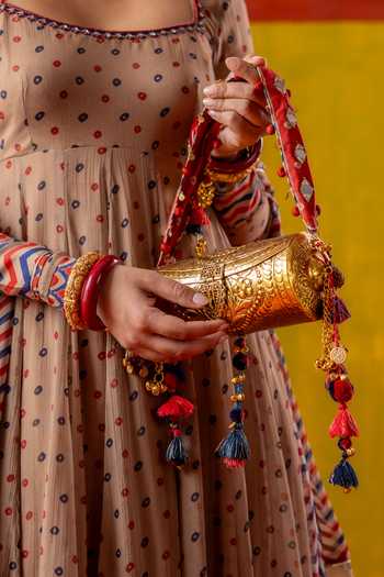 Shop BAISE GABA Blue Mirrors, Tassels, Pom-poms Padmini Floral Carved Bag Online at Aza Fashions Shop_BAISE GABA_Blue Mirrors, Tassels, Pom-poms Padmini Floral Carved Bag _Online_at_Aza_Fashions