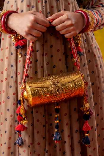 BAISE GABA Blue Mirrors, Tassels, Pom-poms Padmini Floral Carved Bag at Aza Fashions BAISE GABA_Blue Mirrors, Tassels, Pom-poms Padmini Floral Carved Bag _at_Aza_Fashions