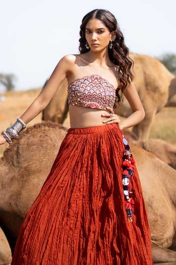 Baise Gaba_Red Chanderi, Satin, Linen Mirrors, Tassels, Kalshi Blouse And Skirt Set _at_Aza_Fashions