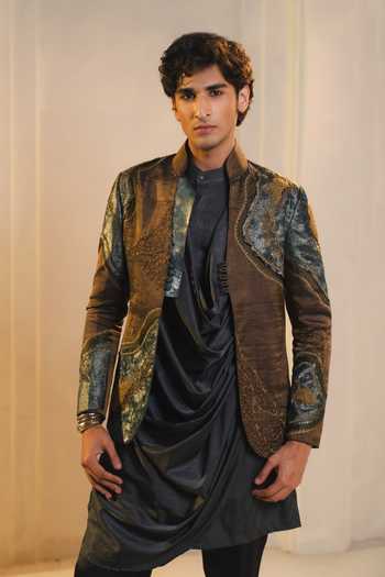 Jatin Malik_Gold Tissue, Satin, Silk, Linen Zari Duskwave Jacquard Jacket And Kurta Set _at_Aza_Fashions