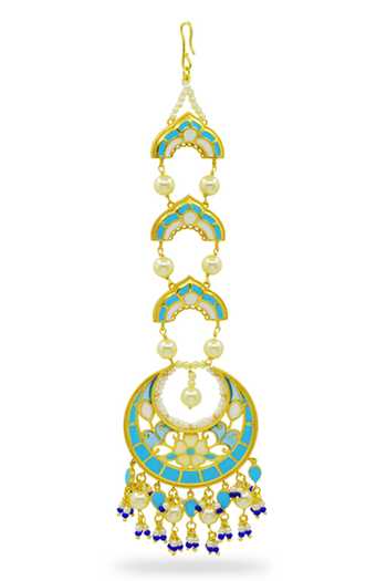 Buy_Manner_Blue Beads, Pearls Feroza Beaded Maangtikka _Online_at_Aza_Fashions