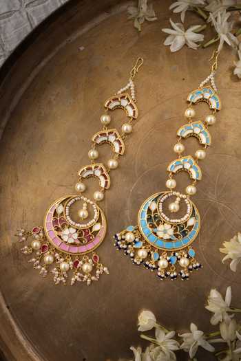 Shop_Manner_Blue Beads, Pearls Feroza Beaded Maangtikka _Online_at_Aza_Fashions
