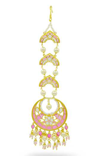 Buy_Manner_Pink Beads, Pearls Feroza Gulaabi Maangtikka _Online_at_Aza_Fashions