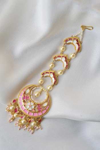 Shop_Manner_Pink Beads, Pearls Feroza Gulaabi Maangtikka _Online_at_Aza_Fashions