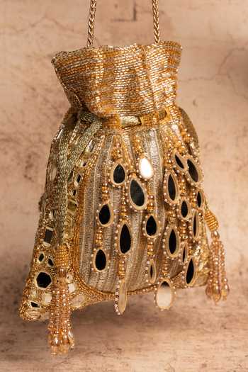 Buy_Nayaab By Sonia_Gold Beads, Pearls, Mirrors, Tassels Silk Potli Bag With Chain _Online_at_Aza_Fashions