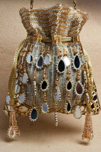 Shop_Nayaab By Sonia_Gold Beads, Pearls, Mirrors, Tassels Silk Potli Bag With Chain _Online_at_Aza_Fashions