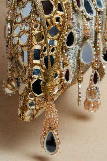 Nayaab By Sonia_Gold Beads, Pearls, Mirrors, Tassels Silk Potli Bag With Chain _at_Aza_Fashions