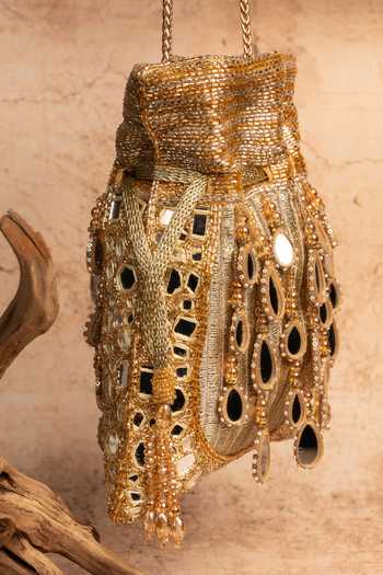 Shop_Nayaab By Sonia_Gold Beads, Pearls, Mirrors, Tassels Silk Potli Bag With Chain 