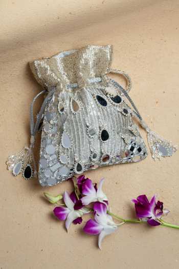 Nayaab By Sonia_Gold Beads, Pearls, Mirrors, Tassels Silk Potli Bag And Chain _Online_at_Aza_Fashions