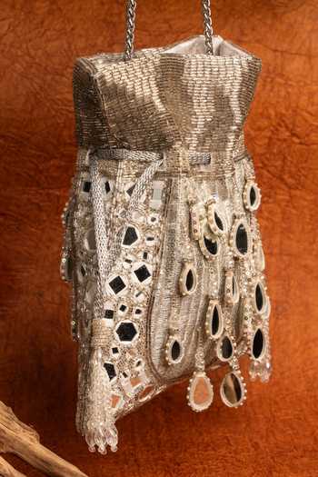 Shop_Nayaab By Sonia_Gold Beads, Pearls, Mirrors, Tassels Silk Potli Bag And Chain _Online_at_Aza_Fashions