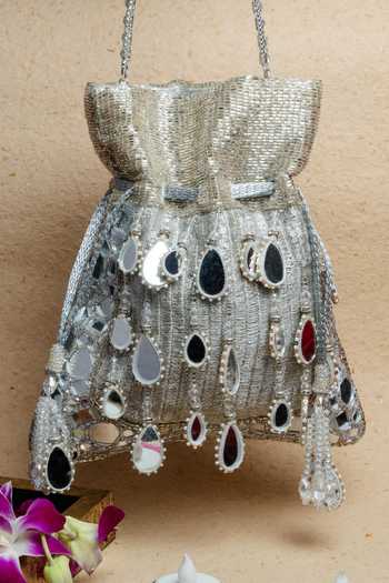 Nayaab By Sonia_Gold Beads, Pearls, Mirrors, Tassels Silk Potli Bag And Chain _at_Aza_Fashions
