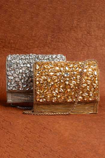 Shop_Nayaab By Sonia_Gold Stones, Crystals, Chains Kundan Embellished Silk Handbag With Strap _Online_at_Aza_Fashions