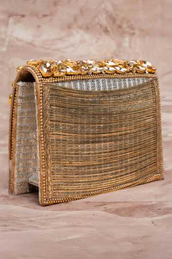 Nayaab By Sonia_Gold Stones, Crystals, Chains Kundan Embellished Silk Handbag With Strap _at_Aza_Fashions