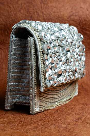 Buy_Nayaab By Sonia_Silver Stones, Mirrors, Kundan Embellished Silk Clutch With Chain Strap _Online_at_Aza_Fashions