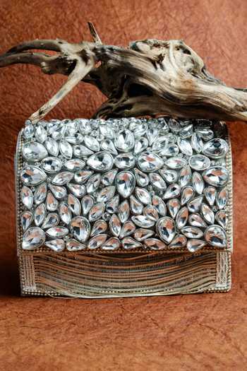 Shop_Nayaab By Sonia_Silver Stones, Mirrors, Kundan Embellished Silk Clutch With Chain Strap _Online_at_Aza_Fashions