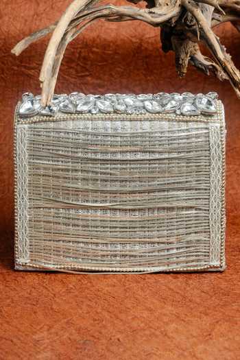 Nayaab By Sonia_Silver Stones, Mirrors, Kundan Embellished Silk Clutch With Chain Strap _at_Aza_Fashions