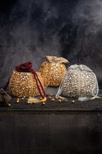 Buy_Nayaab By Sonia_Gold Beads, Stones, Crystals, Tassels Kundan Work Silk Potli Bag And Chain _Online_at_Aza_Fashions