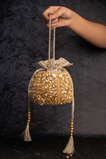 Shop_Nayaab By Sonia_Gold Beads, Stones, Crystals, Tassels Kundan Work Silk Potli Bag And Chain _Online_at_Aza_Fashions