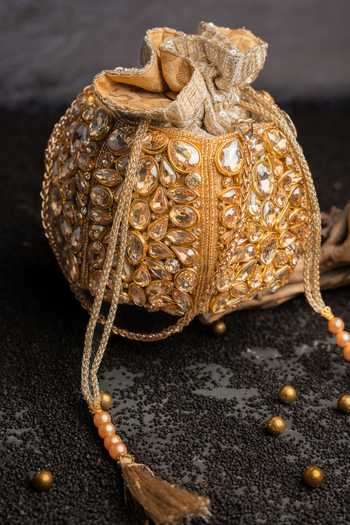 Shop_Nayaab By Sonia_Gold Beads, Stones, Crystals, Tassels Kundan Work Silk Potli Bag And Chain 