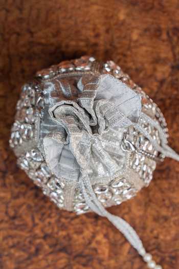Nayaab By Sonia_Silver Stones, Mirrors Kundan Work Silk Potli Bag With Chain _Online_at_Aza_Fashions