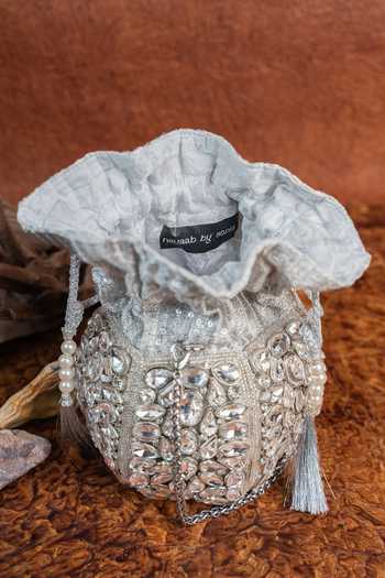 Shop_Nayaab By Sonia_Silver Stones, Mirrors Kundan Work Silk Potli Bag With Chain _Online_at_Aza_Fashions