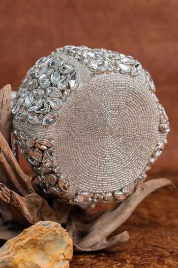 Nayaab By Sonia_Silver Stones, Mirrors Kundan Work Silk Potli Bag With Chain _at_Aza_Fashions