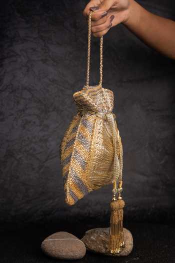 Buy_Nayaab By Sonia_Gold Embroidery, Beads, Tassels, Metallic Work Silk Potli Bag And _Online_at_Aza_Fashions