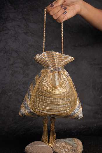 Shop_Nayaab By Sonia_Gold Embroidery, Beads, Tassels, Metallic Work Silk Potli Bag And _Online_at_Aza_Fashions