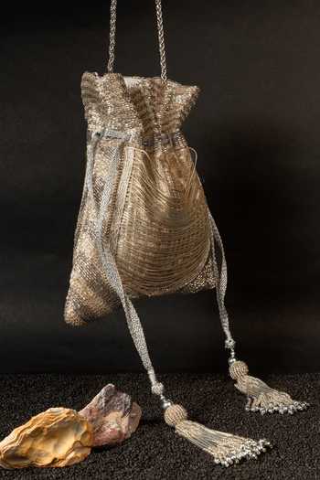 Nayaab By Sonia_Gold Tassels, Metallic Thread, Chains Silk Potli Bag And _Online_at_Aza_Fashions