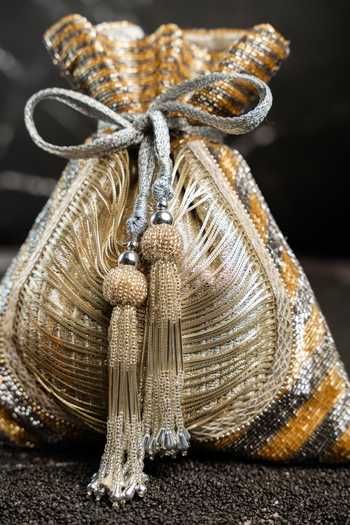 Shop_Nayaab By Sonia_Gold Beads, Tassels, Metallic Thread Work Silk Potli Bag And _Online_at_Aza_Fashions