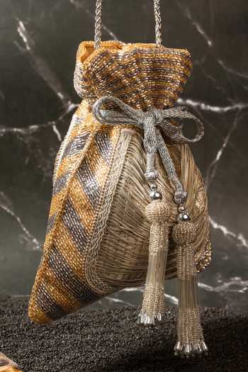 Nayaab By Sonia_Gold Beads, Tassels, Metallic Thread Work Silk Potli Bag And _at_Aza_Fashions