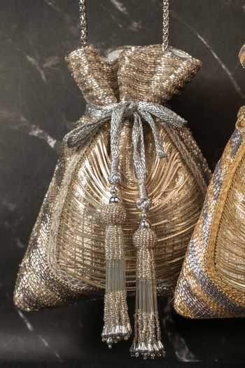 Nayaab By Sonia_Gold Tassels, Metallic Thread Work Silk Potli Bag And _Online_at_Aza_Fashions