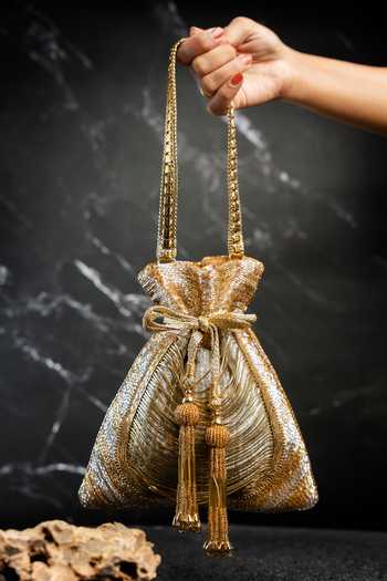 Buy_Nayaab By Sonia_Gold Tassels, Metallic Thread Work Silk Potli Bag And 