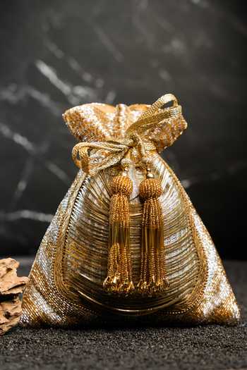 Shop_Nayaab By Sonia_Gold Tassels, Metallic Thread Work Silk Potli Bag And 